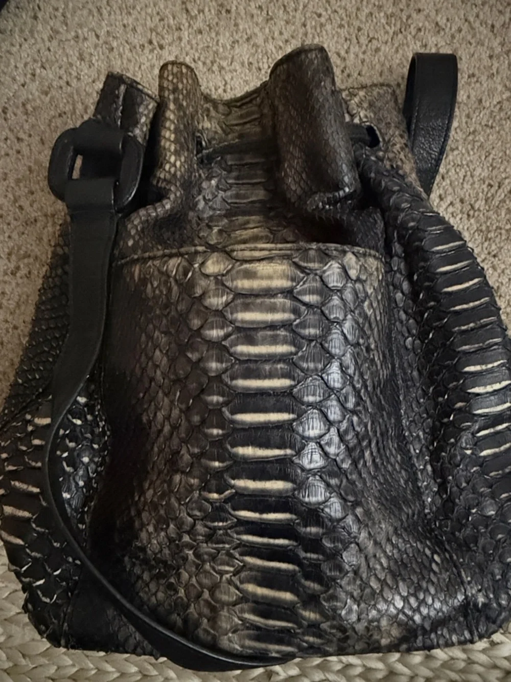 Black Python-Texture Drawstring Satchel - Picture 2 of 6